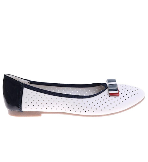 Biało granatowe ażurowe balerinki damskie z kokardką /A6-3 16150 T196/