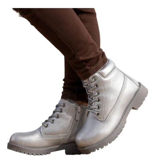 Zimowe dziewczęce botki trapery sznurowane Srebrne /E6-1 18533 T284/