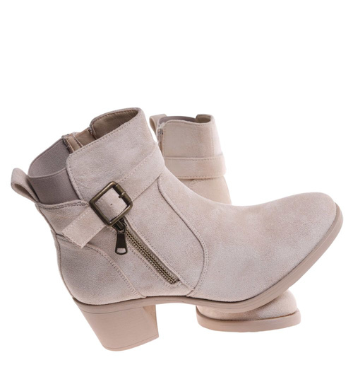 Beżowe ocieplane botki damskie na obcasie /F3-1 18379 W282/