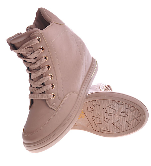 Beżowe sneakersy damskie na koturnie /B6-2 12824 T796/