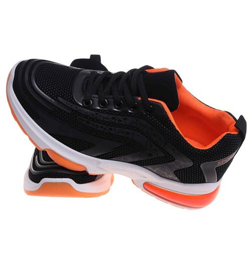 Sznurowane damskie buty sportowe Czarno pomarańczowe /G12-1 18089 T333/