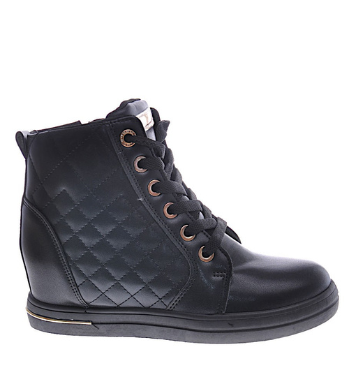 Czarne klasyczne sneakersy damskie na koturnie /E9-2 12825 T699/