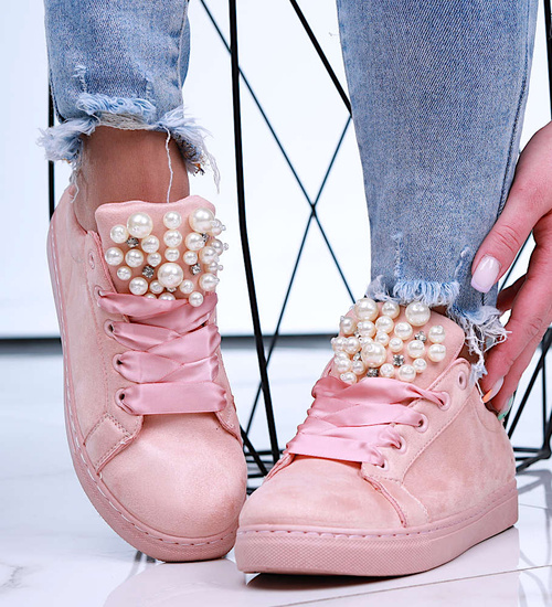 Sznurowane różowe trampki damskie z perełkami /E4-3 15953 T185/