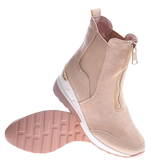 Beżowe botki na koturnie ze skóry ekologicznej /G3-3 12293 T595/