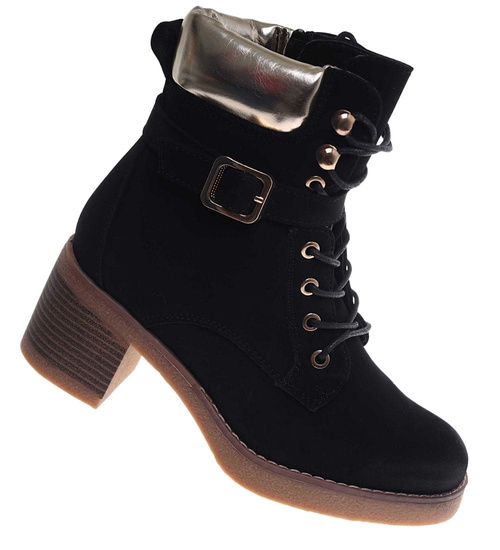 Czarne wiązane botki damskie zimowe /J5-2 18548 W2/