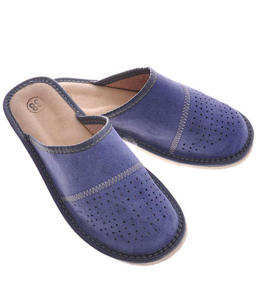 Skórzane kapcie damskie z Podhala Granatowe /A3-1 8452 S197/