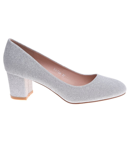 Wizytowe srebrne czółenka na klocku /G11-2 18632 T357/