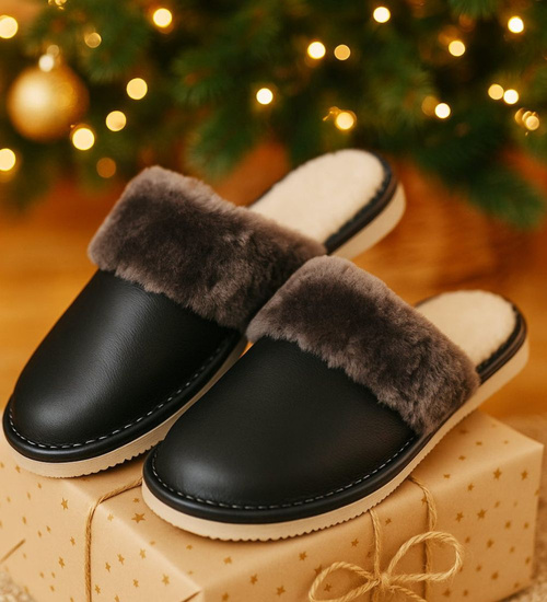 Skórzane szare kapcie damskie z wełną /G4-1 18466 S196/