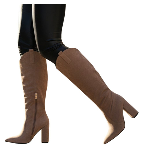 Beżowe kozaki damskie do kolan2 gatunek ost501