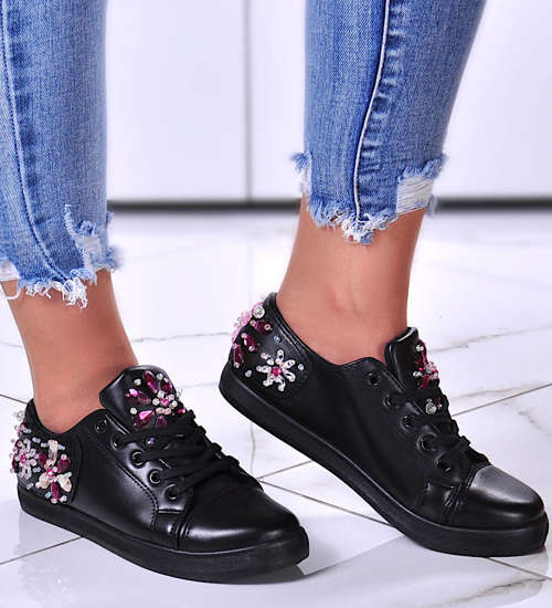 Modne damskie trampki z kamieniami Czarne /D8-3 10805 T128/ Modne damskie trampki z kamieniami Czarne /D8-3 10805 T128/