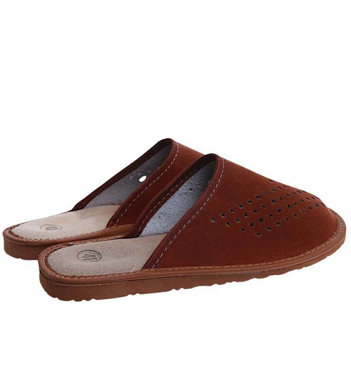 Męskie domowe kapcie ze skóry zamszowej Brązowe /F6-1 7929 S195/