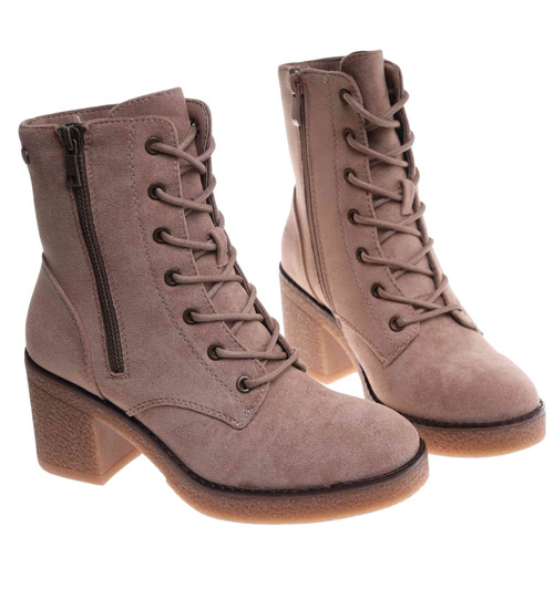 Damskie wiązane botki na obcasie Khaki /F2-1 18232 W431/