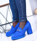 Modne niebieskie czółenka damskie na słupku i platformie /B6-2 15353 S487/