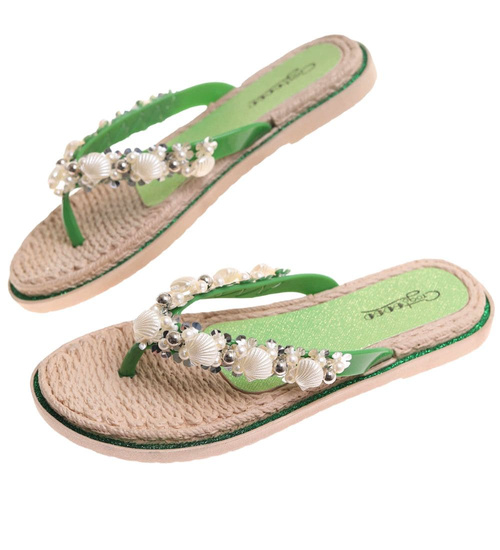 Zielone plażowe damskie klapki japonki z muszelkami /F6-2 17876 T088/