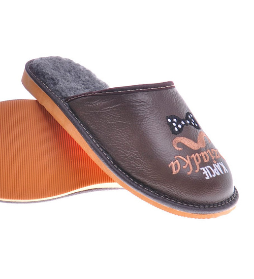 Kapcie Dziadka- skórzane klapki na prezent Ciemny Brąz /E1-1 13086 S18-45/