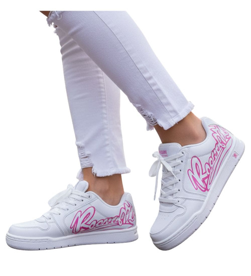 Sznurowane białe trampki damskie z napisem /F4-2 13863 S109/