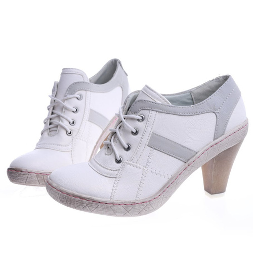 Sznurowane czółenka na szerokim słupku Ecru /E10-2 14090 T038/