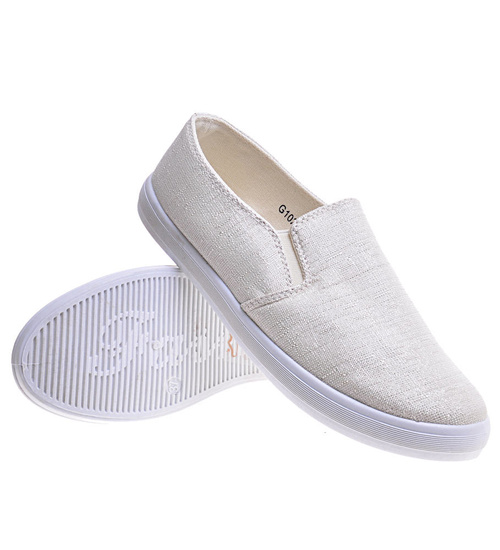 Materiałowe beżowe tenisówki slip on /E10-2 10753 T195/
