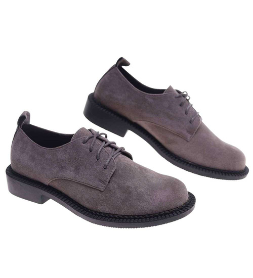 Szare półbuty oxfordy damskie sznurowane zamszowe /A4-3 18702 T155/
