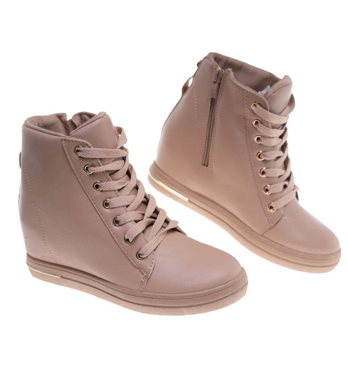 Beżowe sneakersy damskie na koturnie /F7-2 12802 T891/