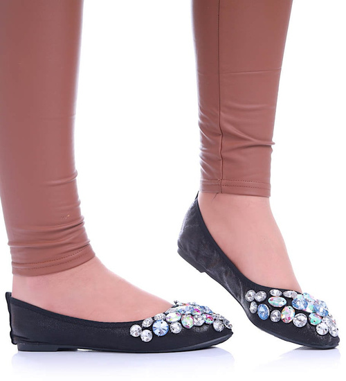 Czarne baletki damskie z kamieniami /G7-2 13043 T595/