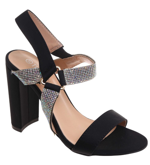 Czarne damskie sandały na słupku z cyrkoniami /B2-1 16084 G18-45/