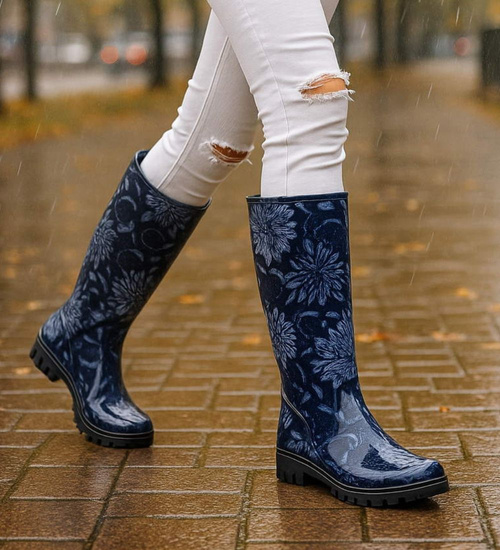 Kalosze damskie z wysoką cholewką Czarno granatowe /B4-1 18373 T346/