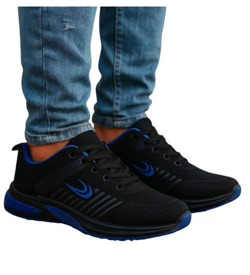 Sznurowane męskie czarno niebieskie buty sportowe /A2-1 18067 T286/