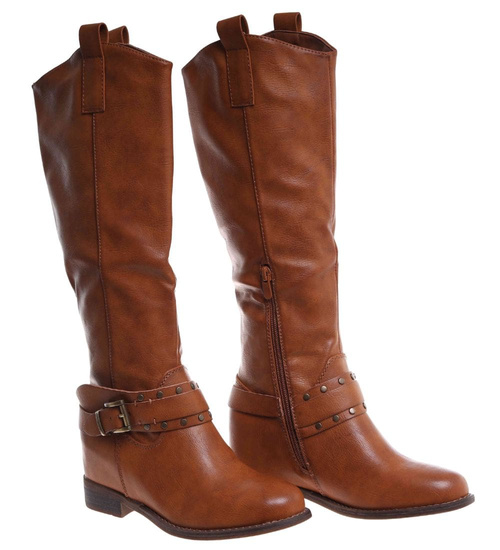 Ocieplane karmelowe kozaki damskie na niskim koturnie /i6-3 H2 18426 T386/