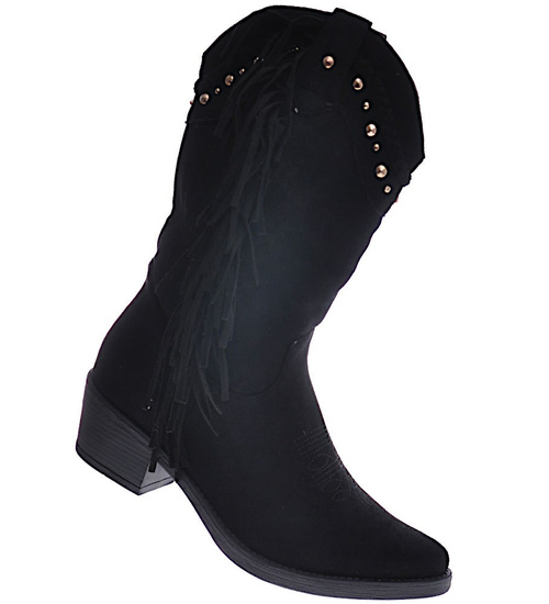 Kobiece kowbojki z frędzlami na niskim obcasie CZARNE /F3-2 12782 S493/