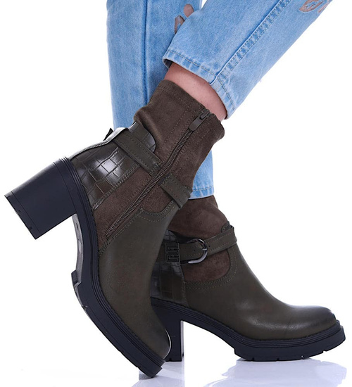 Oliwkowe botki damskie na słupku z ociepleniem /F6-1 17044 G324/