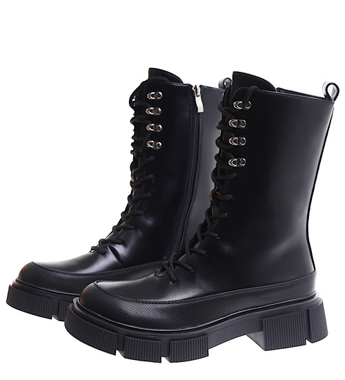 Wiązane czarne glany trapery na platformie /D8-3 17184 T312/