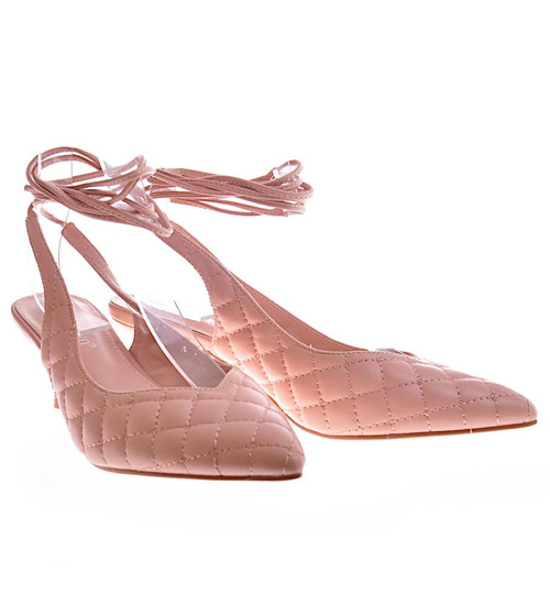 Pikowane beżowe buty wiązane na szpilce /G7-3 12205 T390/