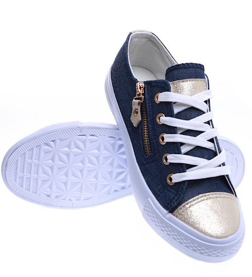 Sznurowane granatowe trampki ze złotymi noskami /F10-3 15805  T133/