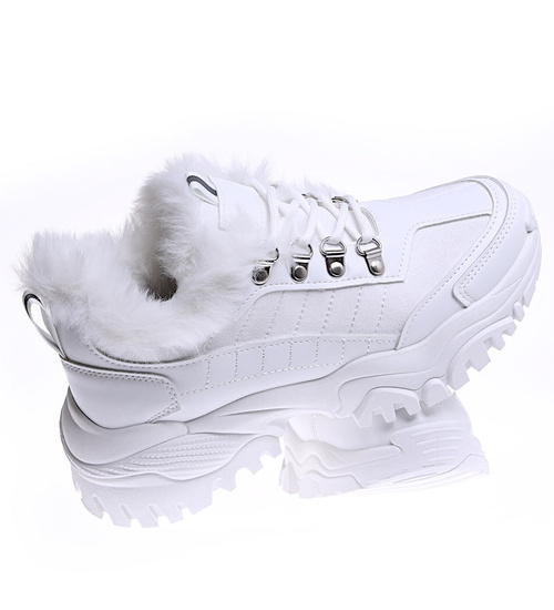 Białe ocieplane trampki sneakersy na koturnie D9-3 15206 T695