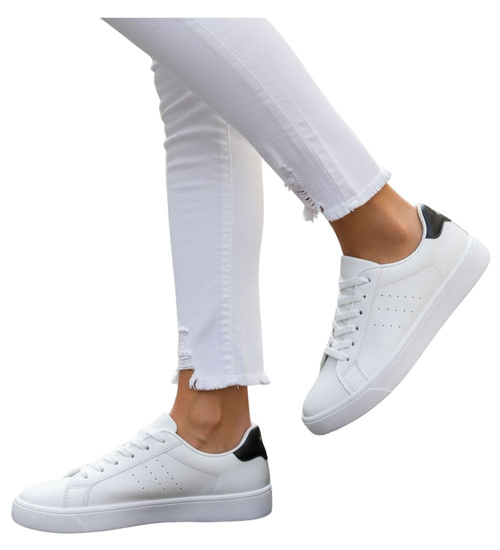 Białe damskie trampki z czarnymi dodatkami /G4-1 16249 T293/