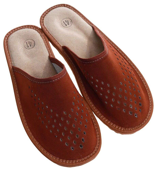 Męskie domowe kapcie ze skóry zamszowej Brązowe /F6-1 7929 S195/