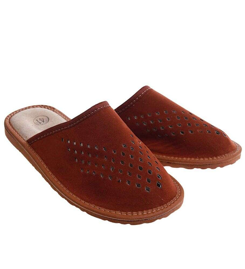 Męskie domowe kapcie ze skóry zamszowej Brązowe /F6-1 7929 S195/