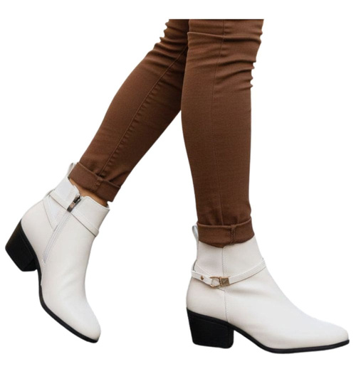 Botki na grubym obcasie Ecru /A9-3 18536 G285/