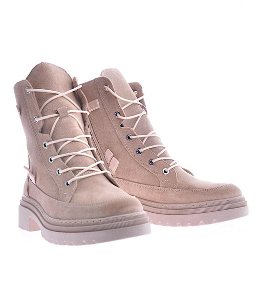 Damskie beżowe trapery z naturalnej skóry /B5-3 12554 R2460/