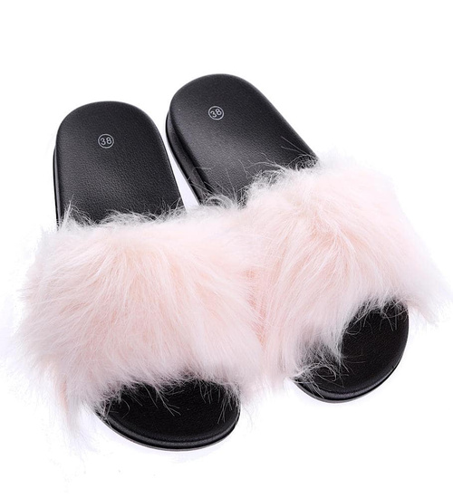 Różowo czarne klapki damskie z futerkiem /F9-2 15193 T199/
