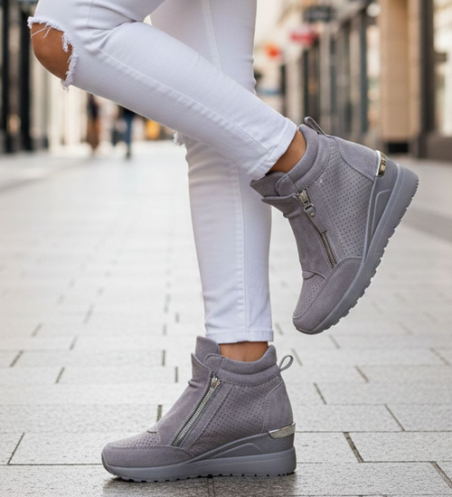 Szare sneakersy damskie na koturnie /B2-2 12852 T890/