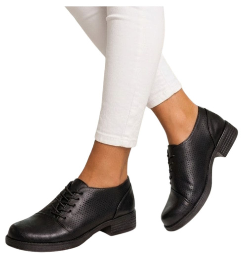 Czarne ażurowe damskie półbuty trzewiki /E10-2 16237 G189/