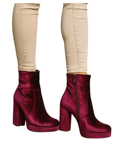 Welurowe botki damskie na platformie Wine /J6-3 H2 18393 G284/