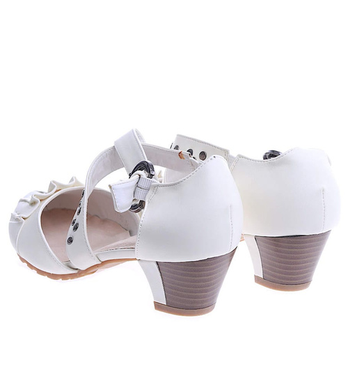 Czółenka z paseczkiem na niskim obcasie Ecru /E7-1 14106 T143/