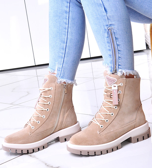 Damskie beżowe trapery z naturalnej skóry /D9-312557 R2460/