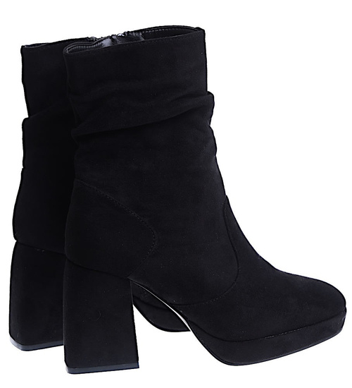 Czarne damskie botki na szerokim słupku /F1-3 15419 T349/