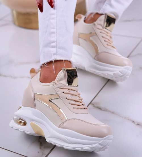 Beżowe trampki sneakersy na niskim koturnie /B3-3 13271 T804/