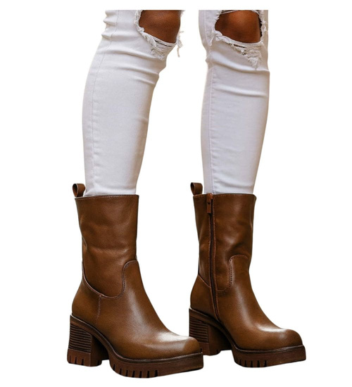 Botki na obcasie klocku Khaki /F6-3 18308 T4/