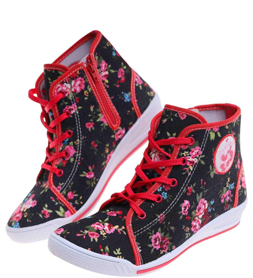 Wysokie dziewczęce trampki w kwiatki czarno-czerwone /A2-3 7544 S089/